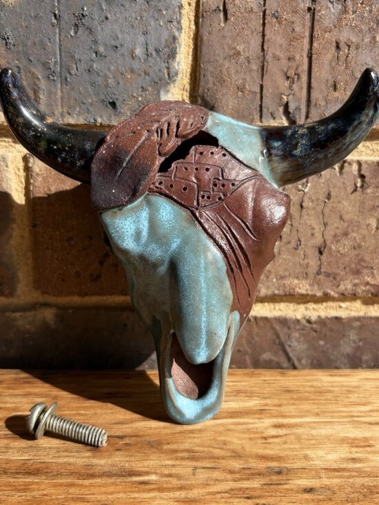 Glazed enamel pottery bull skull with mounting bolt Turquoise/Aqua Terracotta 5” - Picture 1 of 16